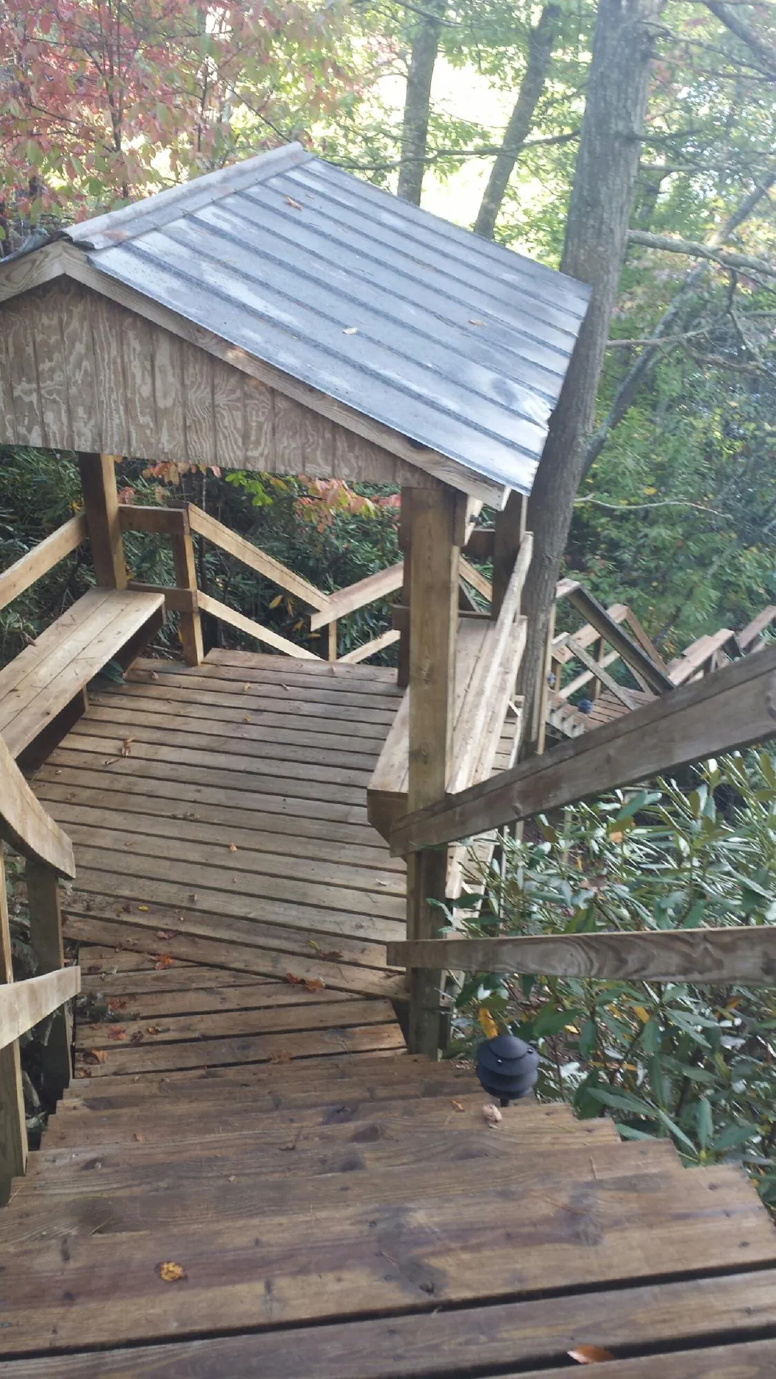 Metal roofed shelter over wooden steps on a wooded walkway — Skylight Repair & Installation work by our crew in Cortland